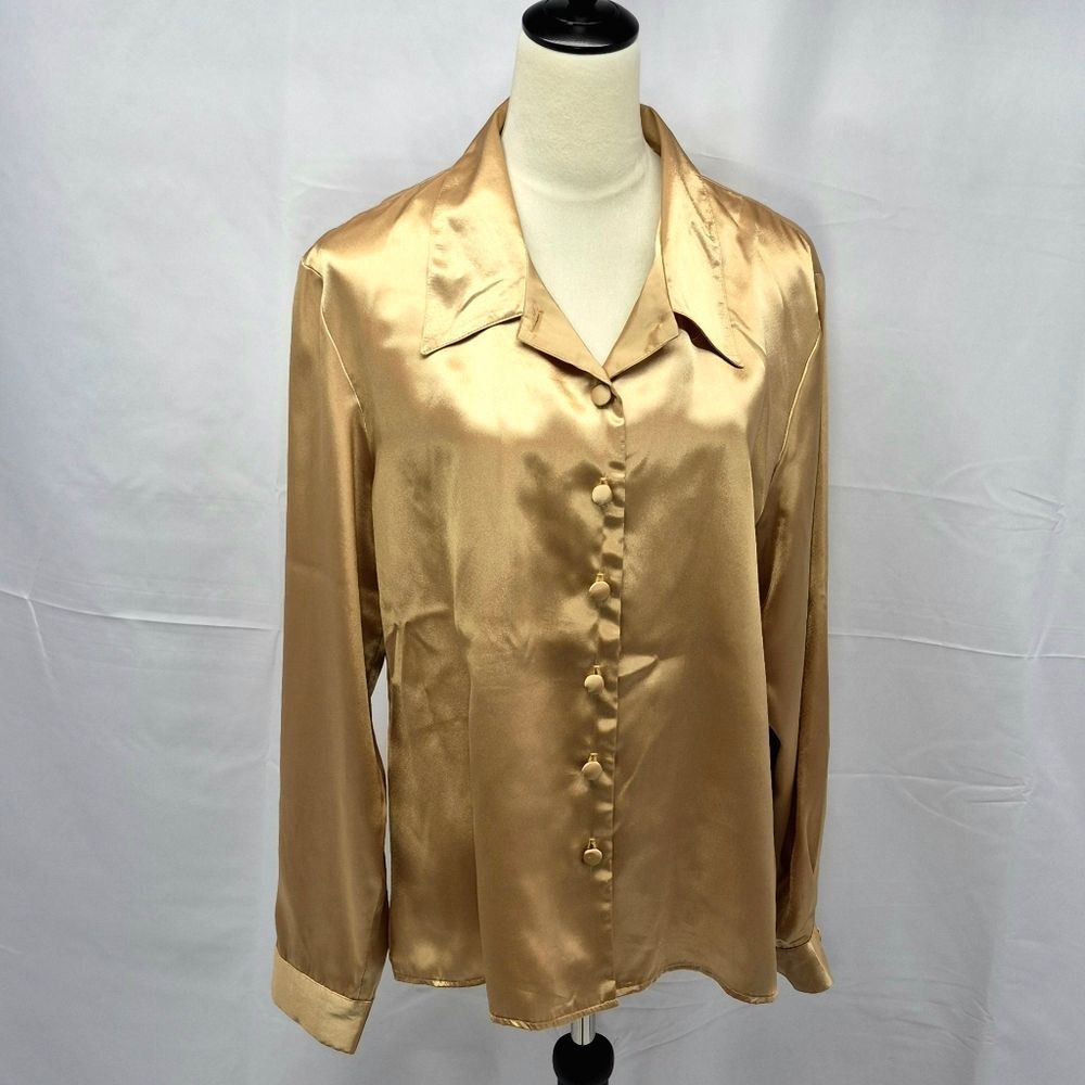 Vintage Appleseed's Gold Champagne Satin Silky Button Down Blouse Top Size 18..